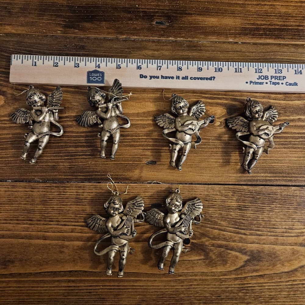 Vintage Cherub Angel Ornaments Set of 6 Gold Tone Musical Angels Christmas - Picture 5 of 7